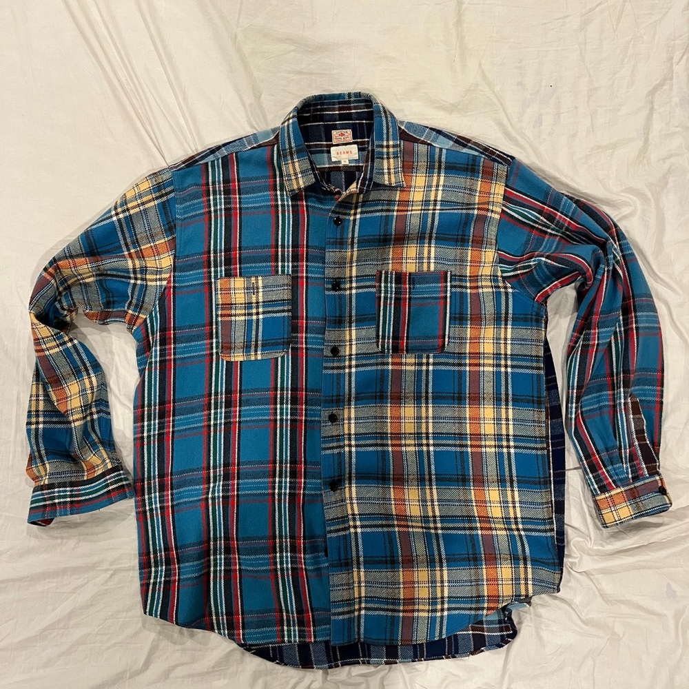 Beams Blue Plaid Patchwork Flannel Shirt
